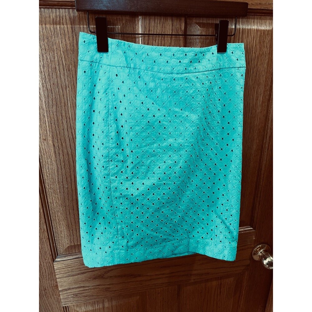 Ann Taylor Turquoise Floral Eyelet A Line Skirt Size 4 Knee Length Cotton